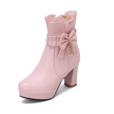 (pink, 36) Women Ankle Boots Round Toe Chunky High Heels Metal Decoration Zipper Platform Bow Sh