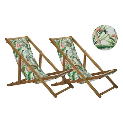 Set of Acacia Folding Deck Chairs and Replacement Fabrics Light Wood with Off-White / Flamingo P