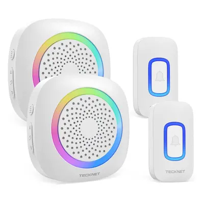 (White, Receiver Sender) TECKNET Wireless Doorbell, Battery Powered Doorbell with RGB Light, IP6