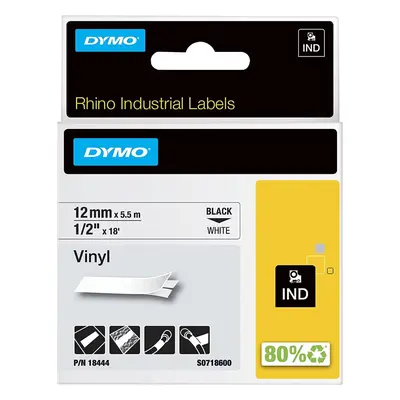 DYMO Rhino Industrial Vinyl Labels,12 mm x 5.5 m Roll, Black Print on White, Self-Adhesive