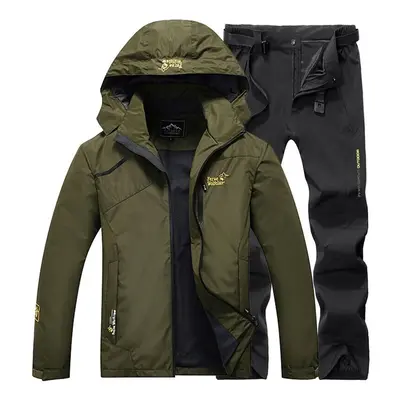 (ArmyGreen, 2XL) Men Fishing Suit Set Hooded Jacket And Pants Outdoor Hiking Camping Sports Suit