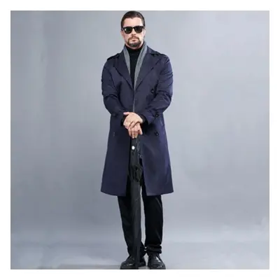 (navy, 3XL) Men&apos;s Long Trench Coat Spring Autumn Double Breasted Business Windbreaker Coat 