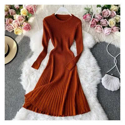 (coffee, One Size) Vintage Women&apos;s Dress Solid Color O-neck Long Sleeve Knit Dresses Female