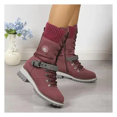 (red, 42) Women&apos;s Fashion Thermal Mid Calf Boots Knitted Splicing Lace Up Side Zipper Boots