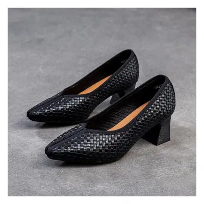 (black, 35) Johnature Retro Handmade Woven Pointed Toe Pumps Genuine Leather Commuting Versatile