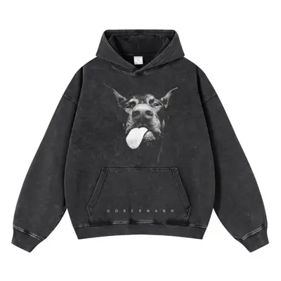 (black, M) Streetwear Doberman Dog Washed Black Unisex Hoodie