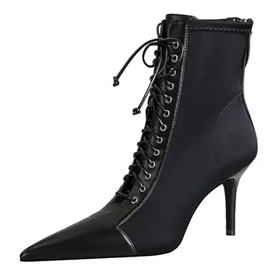 (black, 36) Bigtree Fashion Sexy Thin Heel High Heel Pointed Toe Lace Up Cross Strap Short Boots