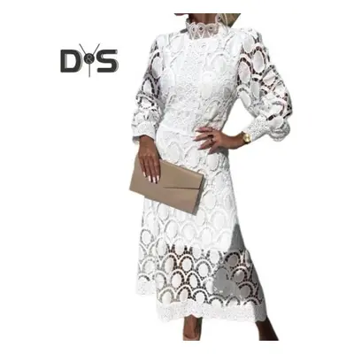 (white, M) Women Dress Hollow Out Lace Stand Collar Bubble Sleeve Tight Waist See-through Double