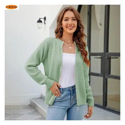 (green, S) Zimoxuan Casual Round Neck Sweater With Zipper - Trendy Knitted Cardigan For Women