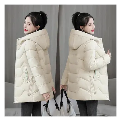 (beige, 3XL) New Cotton Jacket Women&apos;s Medium-length Down Cotton Jacket Thickened Warm Wome