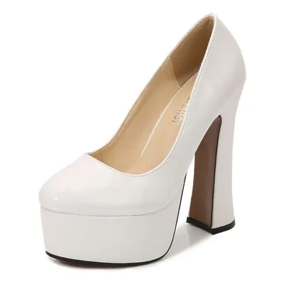 (white, 39) Women&apos;s Chunky High Heels Round Toe Pumps 14cm Heel 4cm Platform Wz