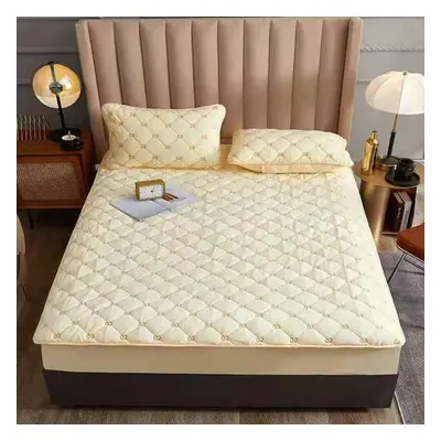 (beige, 160x200x30cm) Thicken Quilted Velvet Mattress Cover Embroidered Solid Color Mattress Cov