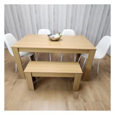 Wooden Dining Table Set for Oak Effect Table With White Gem Patterned Chairs and Bench