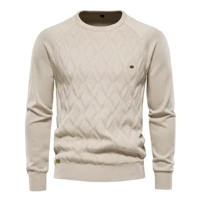 (khaki, 70-78 kg) Aiopeson Argyle Men&apos;s Basic Pullover Solid Color O-neck Knitted Male Swea