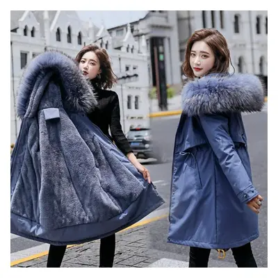 (blue, XXL) Women Fall Winter Jacket Coat Parka Thicken Cotton Liner Medium Long Hooded Fur Coll