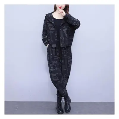 (black, XXXXXL) Spring Retro Plus Size Women&apos;s Casual Suit Loose Hooded Jacket Harem Pants 