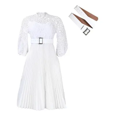 (white, XXL) Women&apos;s Dress Spring And Summer Plus Size Lace Crochet Sexy Hollow Pleated Dre