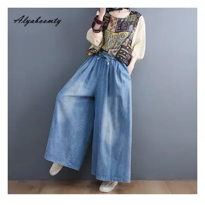 (blue, XL) Korean Fashion Women Plus Size Wide Leg Jeans High Waist Washed Cotton Blue Baggy Den