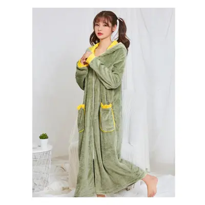 (green, XL) Flannel Robes For Women Fleece Hoody Thermal Warm Bathrobe Thicken Robe Sleepwear Ni