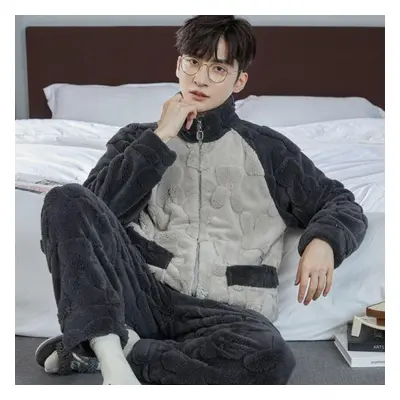 (light gray, XL) Men&apos;s Autumn Winter Thicken Warm Pajamas Sets Flannel Piece Sets Sleepwear