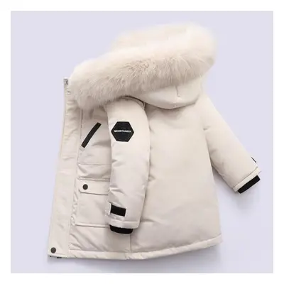 (white, 140cm) Winter Boys White Down Jacket Coat Baby Fur Collar Hooded Cottonthicken Warm Soil