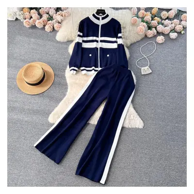 (navy blue, One Size) Autumn Winter Contrast Striped Tracksuit Knitted Piece Set Women&apos;s Zi