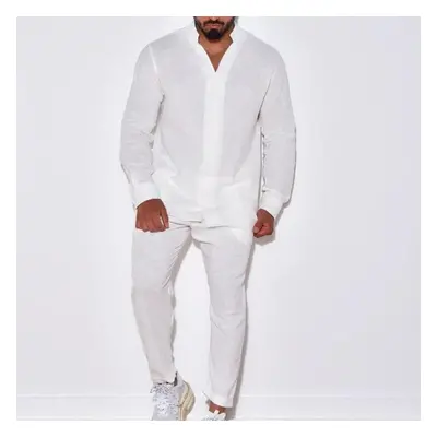 (white, S) Mens Sets Linen Spring Autumn Leisure Suit Long Sleeve Shirts And Trousers Two Piece 