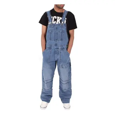 (light blue, XXXXXL) Men Baggy Jeans Suspender Pants Fashion Multi-pockets Loose Denim Trousers 