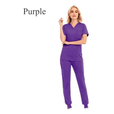 (purple, XL) Women Solid Color Short Sleeve With Pocket Set V-neck Quick Dry Nursing Working Uni