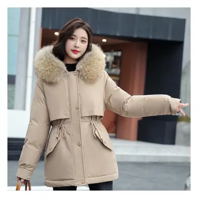 (khaki, M) Women&apos;s Winter Plus Velvet Large Fur Collar Slim Slimming Mid-length Cotton Jack