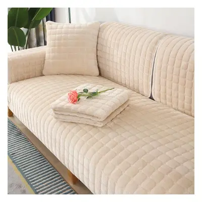 (beige, 110x240cm) Solid Color Non-slip Sofa Cover Thickened Soft Plush Sofa Cushion Towel For L