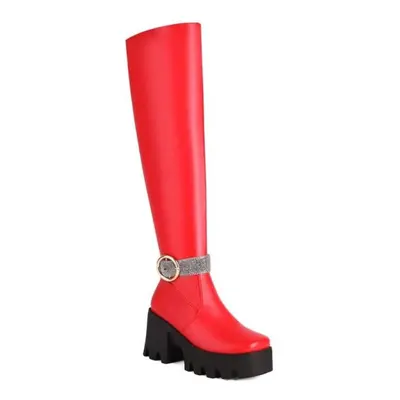 (red, 36) Annymoli Women Over-the-knee Long Boot Square Toe Platform Thick High Heels Buckle Zip