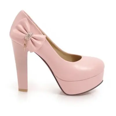 (pink, 41) Women Pu Leather Pumps Platform Super High Hoof Heels Round Toe Bow Sweet Party Sprin