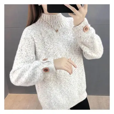 (white, XL) Autumn And Winter Women&apos;s Short Chenille Fashion Bottoming Top Plus Velvet Thic