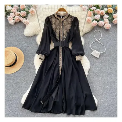 (black, L) Black Women Flower Embroidery Dress Long Lantern Sleeve Stand Collar Chiffon Vintage 