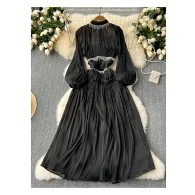 (black, XXL) New Elegant Stand Collar Lantern Sleeve Mujer Slim Fit Ruched Big Swing Heavy Robe 