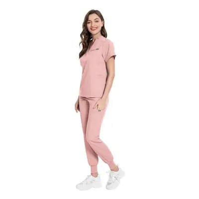 (pink, L) Men&apos;s And Women&apos;s V-neck Short Sleeved Surgical Suit Hospital Nurse Suit Set