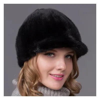 (black, L) Winter Mink Fur Women Warm Hat Fashion Thick Visor Hat Fox Fur Cap Casual