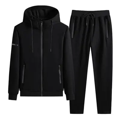 (black, M) Spring Men&apos;s Large Size Hooded Suit Cardigan Sweatshirt Sports Pants Suit