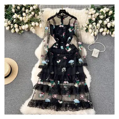 (black, XL) Frence Vintage Flower Embroidery Evening Party Dress Summer Long Sleeve Princess Fai