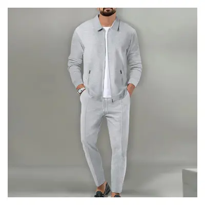 (grey, M) Men&apos;s Casual Suit Long Sleeve Top And Pants Stylish Solid Color High Quality Suit