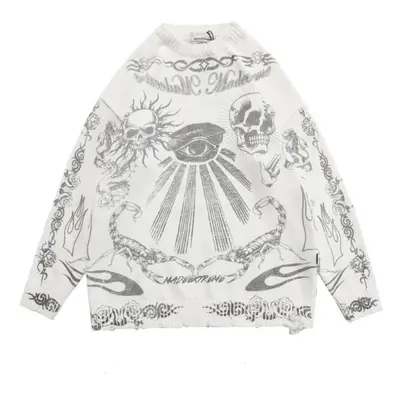 (white, XL) Harajuku Skulls Printed Womenâs Oversized Knitted Sweater Korean Casual Gothic Swe