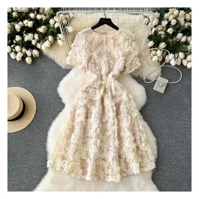 (beige, M) Summer Elegant Fairy Sequined Embroidery Flower Dress Women Chic Mesh Floral Lace Up 