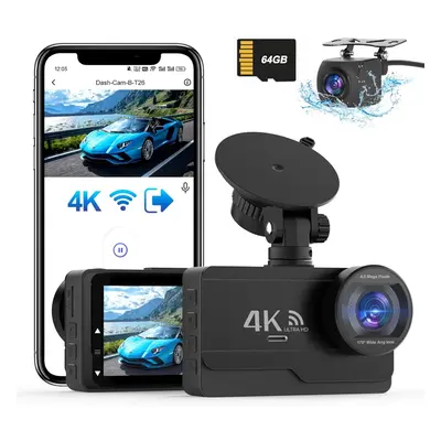 4K/2K+1080P Dash Cam Front and Rear, WiFi Dashcam Free 64GB Card,170Wide