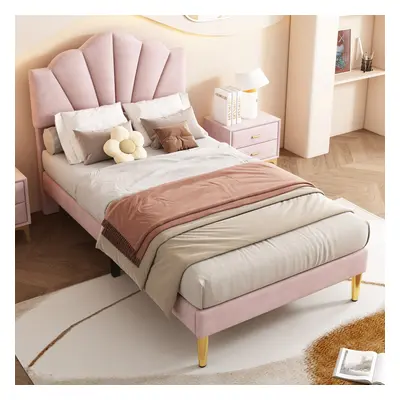 (135*190cm,Double Bed, Pink) Velvet Upholstered Bed, Wooden Slatted Frame