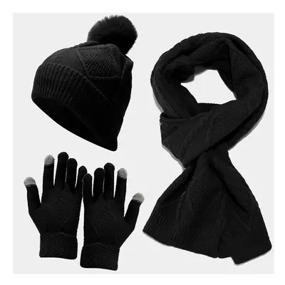 (black) Ladies Thick Knit Hat Scarf And Gloves Set Winter