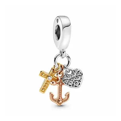 Fits Europe Bracelet Triple-tone Cross, Heart, & Anchor Dangle Beads for Jewelry Making Sterling