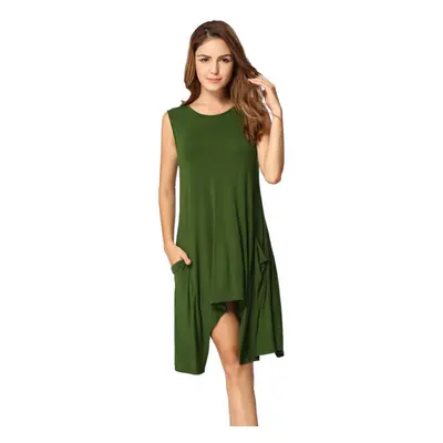 (Dark Green, L) Women Summer Sleeveless Pockets Tunic Tank Tops Asymmetrical Hem Flowy Swing T S