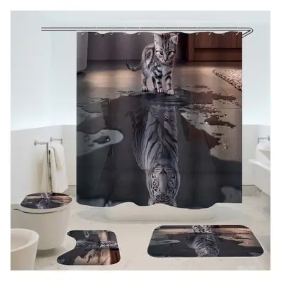 Cat with Tiger Heart Bathroom Accessories Mildew Waterproof Shower Curtain 3-piece Toilet Mats R