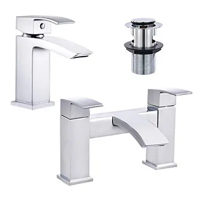 Celala Bathroom Waterfall Basin Taps with Pop-up Waste and Square Bath Taps Set Chrome Brass Sin